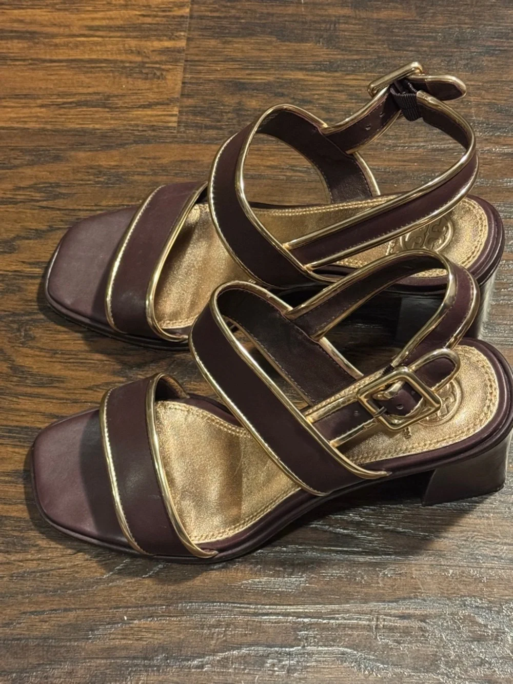 Tory Burch Dark Brown Leather Block Heel Sandals with Gold Accents
